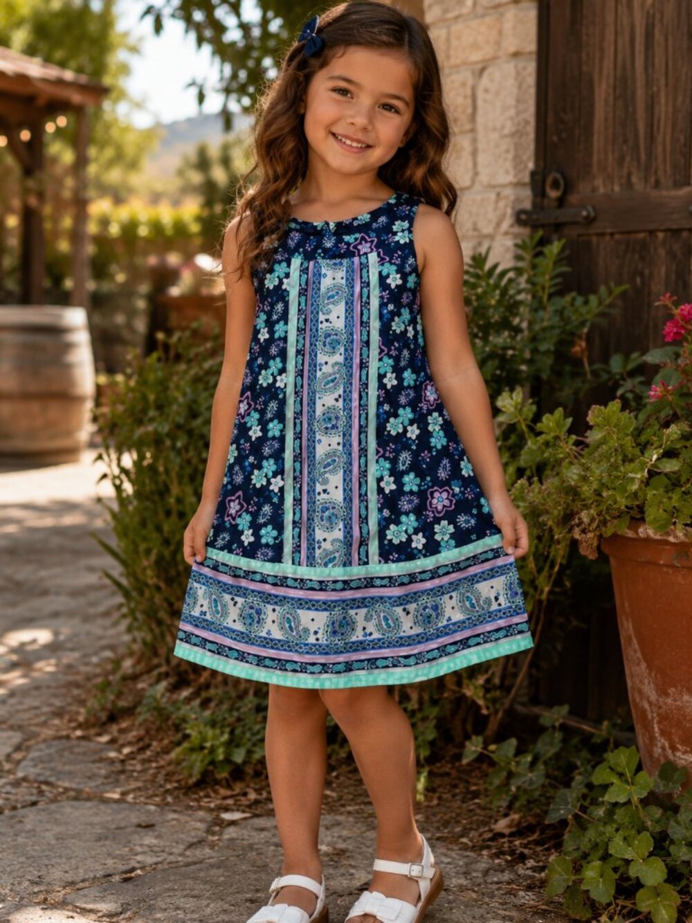 Wonder Nation Girls Navy Floral Paisley Dress Size XS 4-5 Patchwork